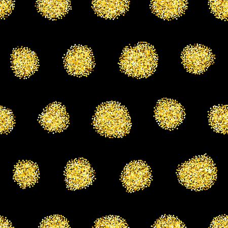 Gold glitter texture circles over black background seamless pattern. Abstract golden sparkles of confetti. Vector illustration.のイラスト素材