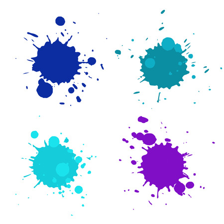 Set of vector abstract artistic paint splashes and drops. Multicolor blue ink blots isolated over white background.のイラスト素材