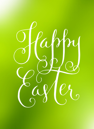 Happy Easter greeting card. Hand lettering vector illustration over green defocused abstract background.のイラスト素材