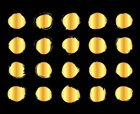 Collection of miscellaneous golden grunge circle brush strokes isolated over black background. Set of design elements. Vector illustration.のイラスト素材
