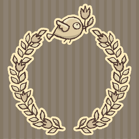 Hand drawn little bird and flower wreath. Cartoon vector floral frame in brown vintage colors.のイラスト素材