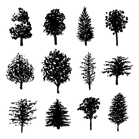 Big set of hand drawn forest trees silhouettes vector illustration in black isolated over white.のイラスト素材