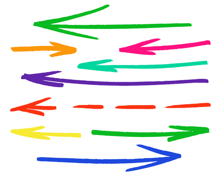 Hand drawn colorful straight arrows set. Collection of multicolor symbols isolated over white background. Vector illustration.のイラスト素材