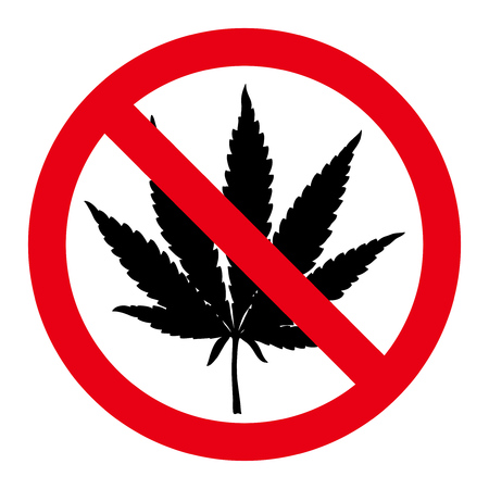 No drugs red sign. Hand drawn black marijuana leaf prohibited. Stop narcotic cannabis design element. Vector illustration isolated over white background.のイラスト素材