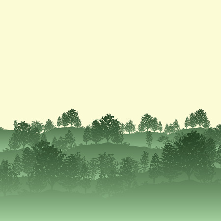 Summer twilight fog forest trees silhouettes background vector illustration in green color.のイラスト素材
