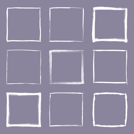 Collection of miscellaneous square grunge brush strokes in white isolated over muted grey purple background. Set of frame design elements. Vector border illustration.のイラスト素材
