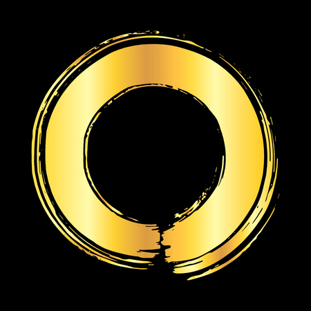 Golden grunge brush stroke round frame isolated over black background. Design element vector illustration.のイラスト素材