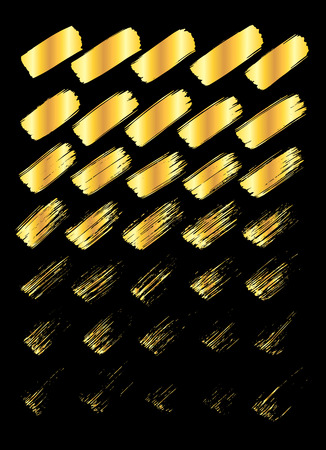 Collection of miscellaneous golden grunge brush strokes isolated over black background. Set of design elements. Vector illustration.のイラスト素材