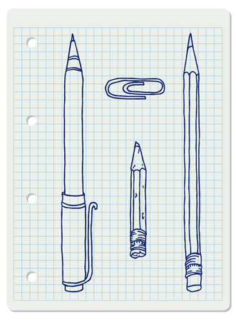 Stationery set hand drawn vector doodle illustration. New and old pencils, pen and clip collection in blue outline over squared notebook sheet.のイラスト素材