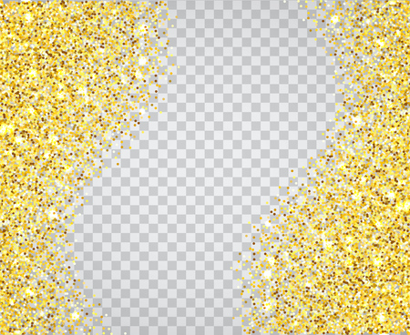 Gold glitter wave texture border over transparent checker background. Abstract golden sparkles of confetti. Vector backdrop illustration.のイラスト素材