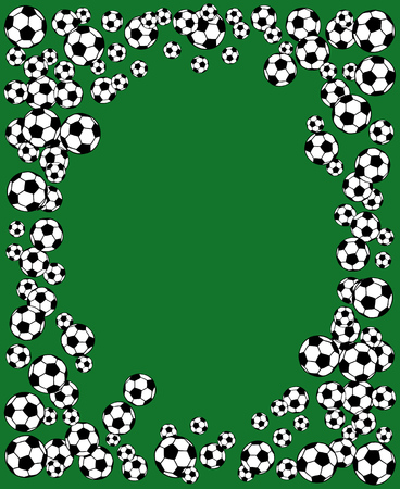 Soccer, football scattered balls blank frame. Background vector illustration over dark green grass field. Sport game equipment wallpaper. Vertical format.のイラスト素材