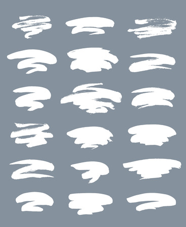 Collection of miscellaneous artistic grunge brush strokes in white isolated over light grey background. Set of design elements. Vector illustration.のイラスト素材