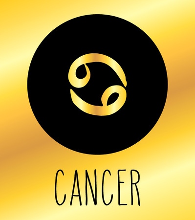 Cancer hand drawn Zodiac sign illustration. Vector graphic astrology symbol design element in black circle over golden background.のイラスト素材