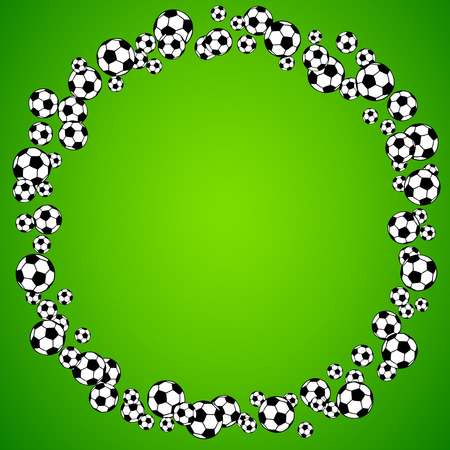 Soccer, football scattered balls round blank frame. Background vector illustration over bright green grass field. Sport game equipment wallpaper. Square format.のイラスト素材