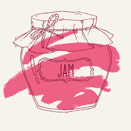 Vector hand drawn illustration with vintage jam jar. Colored contour sketch isolated over beige.のイラスト素材