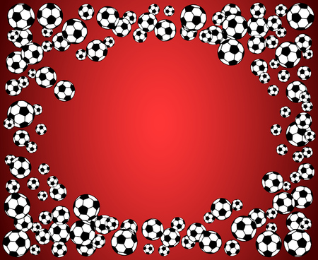 Soccer, football scattered balls blank frame. Background vector illustration over red. Sport game equipment wallpaper. Horizontal format.のイラスト素材