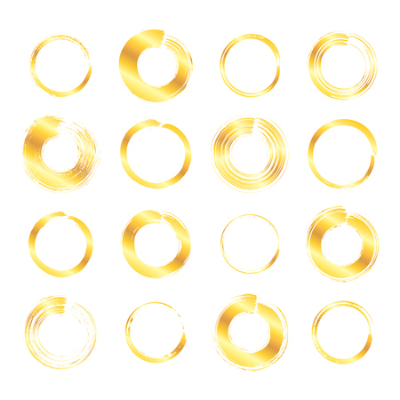 Collection of miscellaneous golden round grunge brush strokes isolated over white background. Set of design elements. Vector illustration.のイラスト素材