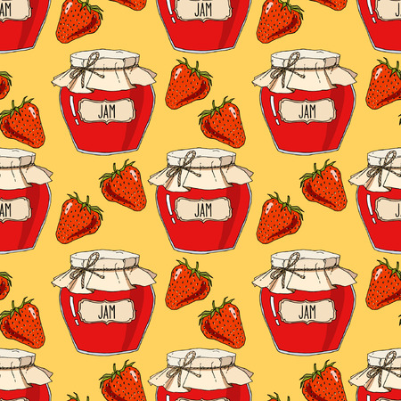 Strawberry jam jars and berries seamless pattern. Vector hand drawn background illustration, red over yellow.のイラスト素材