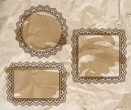 Floral ornamental blank frames set in vintage brown over crumpled craft paper. Vector background illustration collection with artistic bush stroke.のイラスト素材
