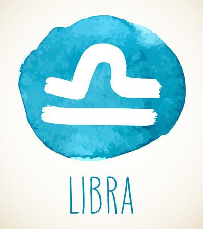 Libra hand drawn Zodiac sign illustration over light blue watercolor circle. Vector graphic astrology symbol design element isolated over white.のイラスト素材