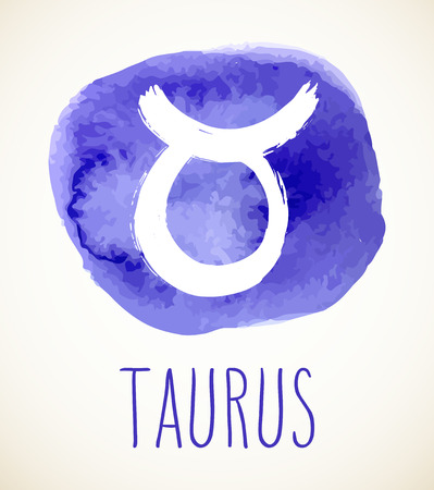 Taurus hand drawn Zodiac sign illustration over blue watercolor circle. Vector graphic astrology symbol design element isolated over white.のイラスト素材