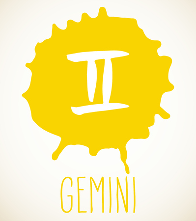 Gemini hand drawn Zodiac sign illustration over yellow paint splatter blot. Vector graphic astrology symbol design element isolated over white.のイラスト素材