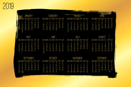 Year 2018 vector monthly modern calendar. Week starting from Sunday. Contemporary wide golden brush stroke framw design over black background.のイラスト素材