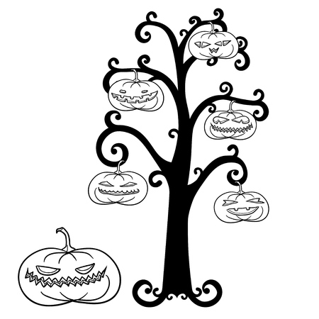 Traditional hand drawn Halloween greeting card with creepy pumpkin lanterns on a bare tree.のイラスト素材