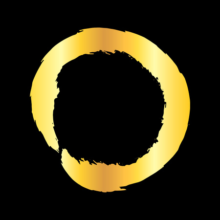 Golden grunge brush stroke round frame isolated over black background. Design element vector illustration.のイラスト素材