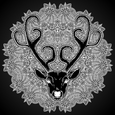 Beautiful hand drawn tribal style deer head over ornate mandala. Magic vintage vector illustration in white over black. Spiritual art, yoga, boho style, nature and wilderness. T-shirts and tattoo design.のイラスト素材
