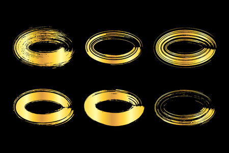 Collection of miscellaneous golden grunge brush stroke oval frames isolated over black background. Set of design elements. Vector illustration.のイラスト素材