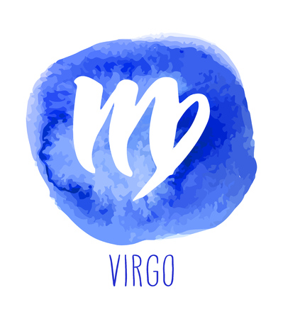 Virgo hand drawn zodiac sign. Astrology design element. Vector graphic illustration in blue watercolor circle isolated over white.のイラスト素材