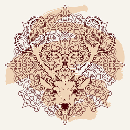Beautiful hand drawn tribal style deer head over ornate mandala. Magic vintage vector illustration in brown over white. Spiritual art, yoga, boho style, nature and wilderness. T-shirts design.のイラスト素材