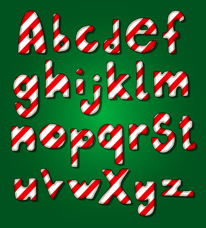 Full set of hand drawn fat cartoon letters. Candy cane design vector illustration over green. Christmas holiday lettering.のイラスト素材