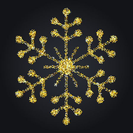 Golden glitter snowflake symbol isolated over black background. Snow flake element for winter holidays design and decoration. Christmas vector illustration.のイラスト素材