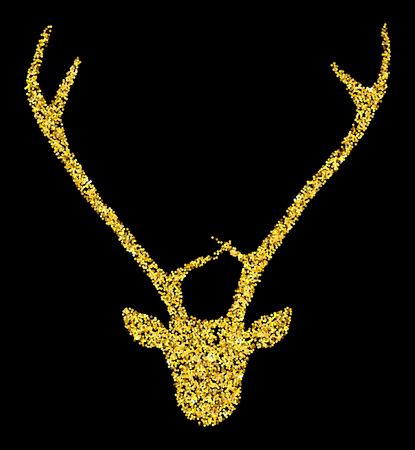 Gold glitter deer head silhouette. Vintage symbol vector illustration isolated over black. Spiritual art, yoga, boho style, nature and wilderness.のイラスト素材