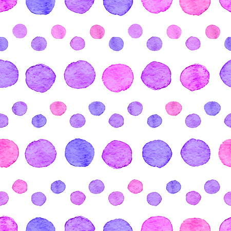 Seamless hand drawn watercolor pattern made of round pink and purple dots, isolated over white.のイラスト素材