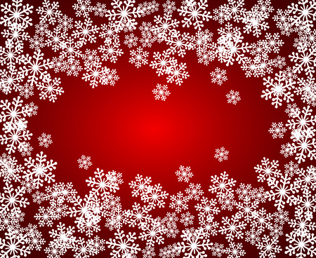 Christmas snowflakes blank frame vector illustration. Greeting card winter red background with copy space. Happy New Year. Horizontal format.のイラスト素材