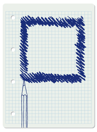 Vector freeform strokes doodle square blank frame and a pencil. Hand drawn border illustration over chequered notebook page.のイラスト素材