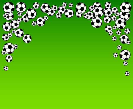 Soccer, football scattered balls blank frame. Background vector illustration over bright green grass field. Sport game equipment wallpaper. Horizontal format.のイラスト素材