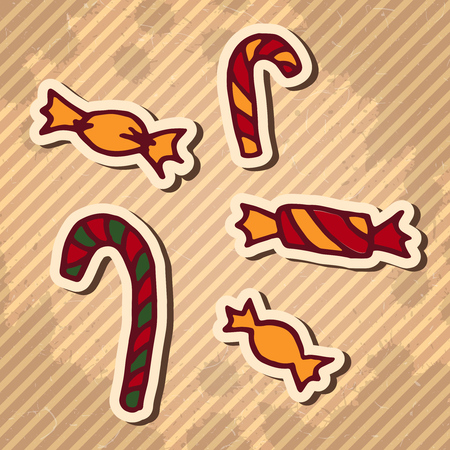 Candies. Hand drawn Christmas doodle design elements set. Winter holidays greeting card items over textured striped vintage brown background. Vector illustration.のイラスト素材