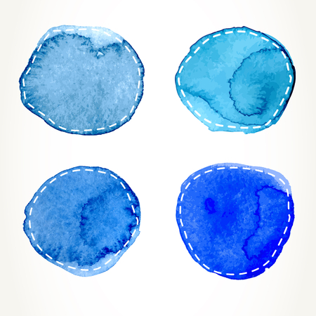 Hand drawn blue watercolor circles with dash outline, isolated over white.のイラスト素材