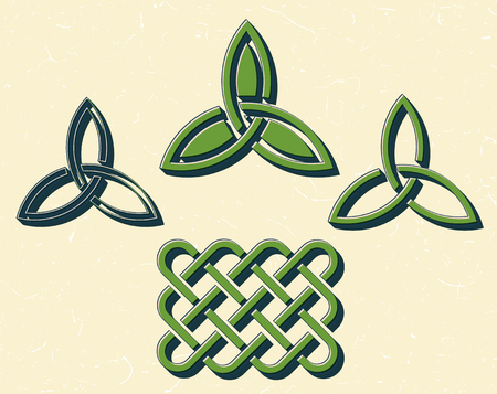 Traditional green celtic style braided knots over textured vintage background.のイラスト素材