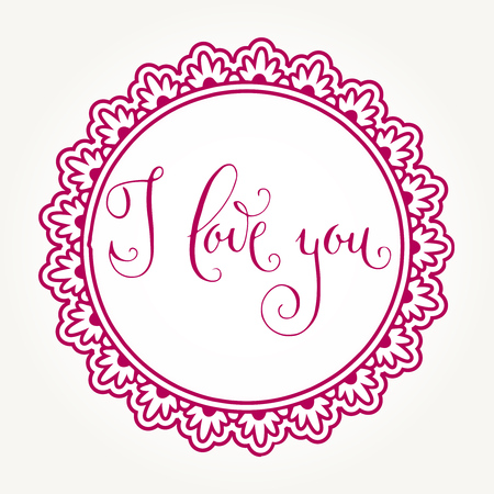 Hand written Valentine's day greetings in a pink round frame isolated over white background. Vector romantic holiday lettering.のイラスト素材