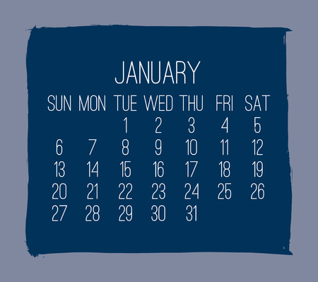 January year 2019 contemporary vector monthly calendar. Week starting from Sunday. Hand drawn square brush stroke dark blue design over grey background.のイラスト素材
