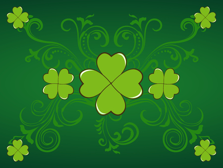 Saint Patrick's Day vector background with ornate swirls and green clover shamrock leaves. Irish festival celebration greeting card design backdrop.のイラスト素材