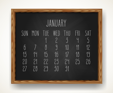 Hand written chalk vector calendar for the January 2019 over black chalkboard background in a wooden frame.のイラスト素材