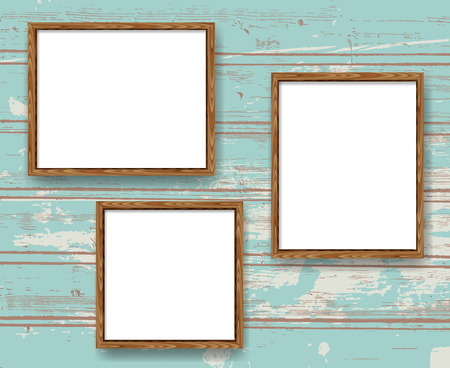 Realistic minimal blank wood frames set over light blue wooden background. Borders vector illustration.のイラスト素材