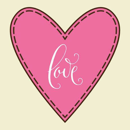 Love. Hand written Valentine's day word in a pink heart frame. Vector romantic holiday lettering isolated.のイラスト素材