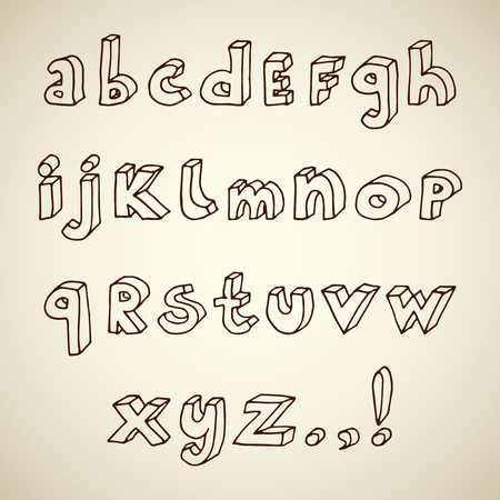 Set of hand drawn doodle isometric letters and punctuation marks. Vector illustration in vintage brown colors.のイラスト素材